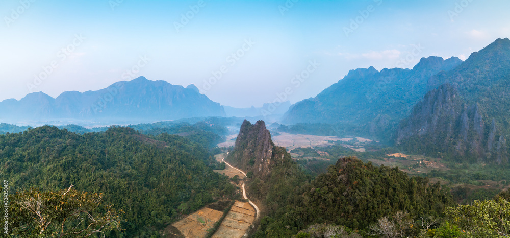 Panoramic view of Phu Kham (Phapoungkham) from Nam Xay View Point with beautiful mountain in background, Northwest of Vang Vieng, Vientiane Province, Laos
