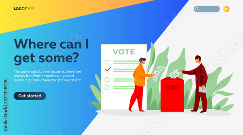 Voters inserting forms into ballot boxes. Presidential, congress, government election flat vector illustration. Democracy, poll, campaign concept for banner, website design or landing web page