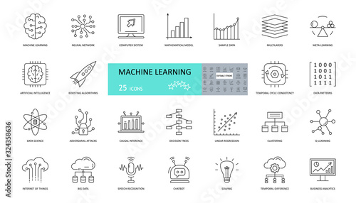 Set of machine learning icons. 25 editable stroke icons. Artificial intelligence, neural networks, mathematical model, patterns, chatbots, linear regression in data science and business analytics.