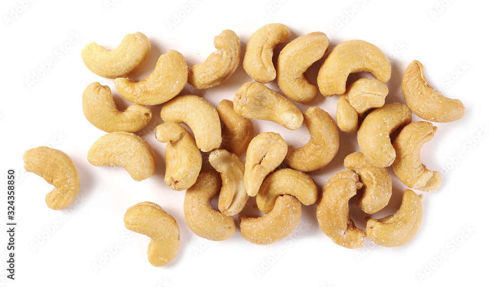 Salted cashew nuts isolated on white background, top view Salted cashew nuts isolated on white background, top view