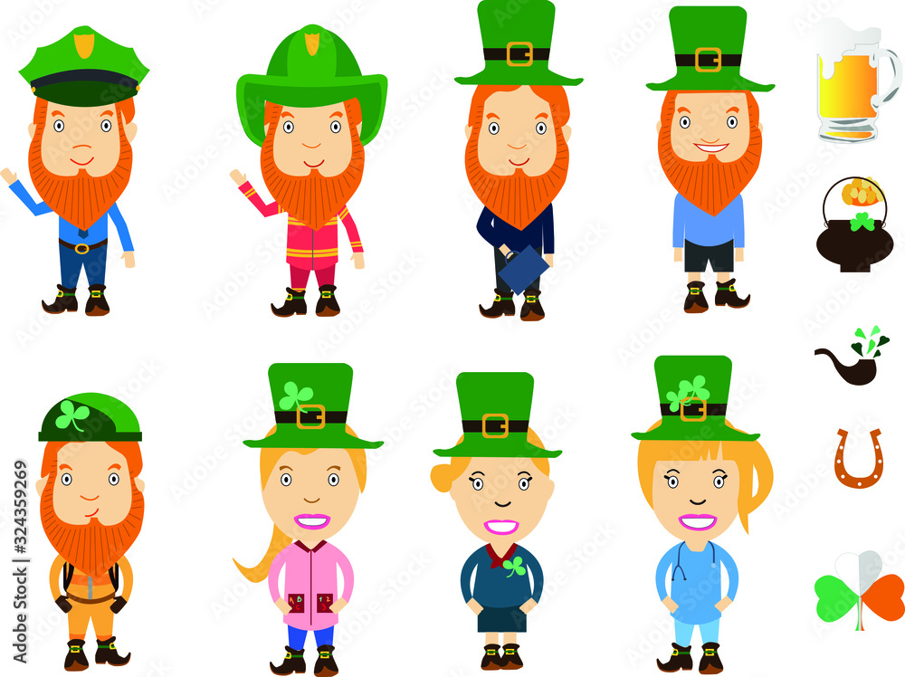 Saint Patrick's Day set. Professions with leprechauns suite and traditional elements: hat, pot of gold, smoke pipe, horseshoe and beer . Vector illustration