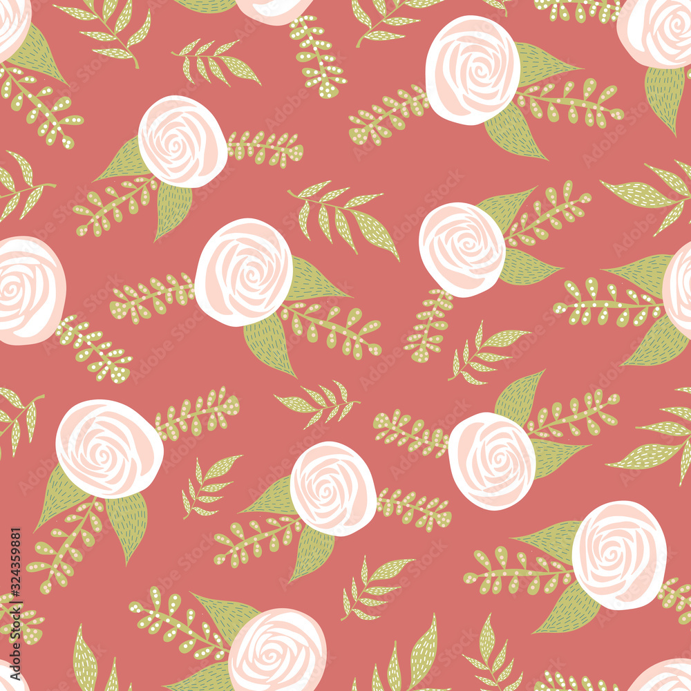White roses seamless vector pattern with flat stylized Scandinavian flowers in pink and white on a rose background. Decorative summer or spring florals for fabric, surface decor, wallpaper, packaging