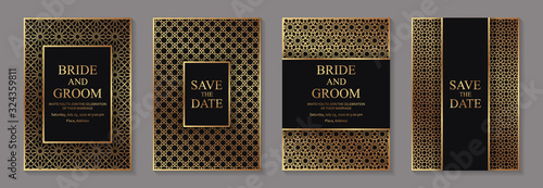 Set of modern arabic luxury wedding invitation design or card templates for business or presentation or greeting with traditional golden ornament on a black background. photo