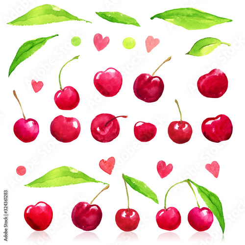 Cherry berry fresh tasty juicy leaf harvesting market eco set watercolor isolated postcard advertising banner