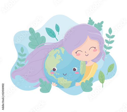 cute girl hugs world cartoon foliage environment ecology