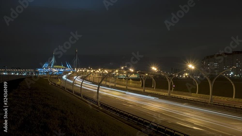 Night traffic on expressway in St. Petersburg