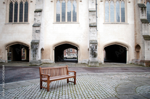 Bench on a square, Lincoln's Inn Chapel, London, UK