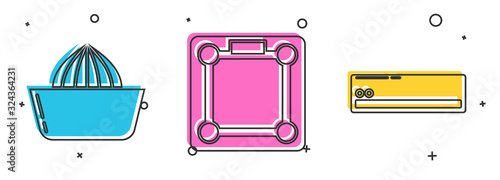 Set Citrus fruit juicer , Bathroom scales and Air conditioner icon. Vector