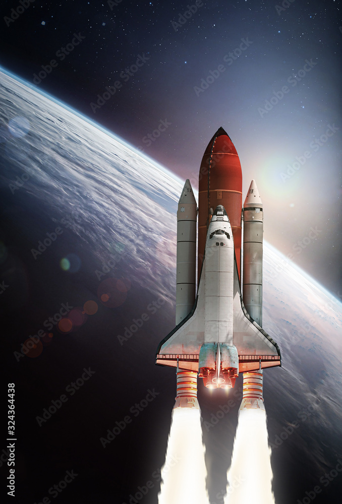 Naklejka premium Space shuttle rocket in oe Earth planet. Deep space and sun on background. Exploration and science. Elements of this image furuter space on orbit of thnished by NASA 