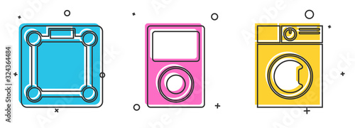Set Bathroom scales , Music player and Washer icon. Vector