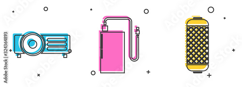Set Presentation, movie, film, media projector , Power bank with different charge cable and Stereo speaker icon. Vector