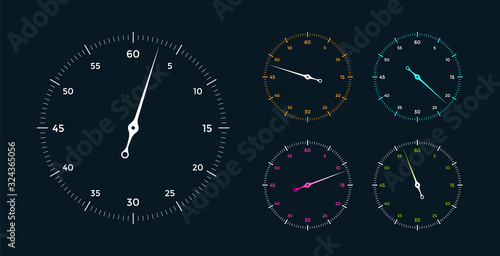 Set of white clock face for with pointer on black background. Vector Illustration