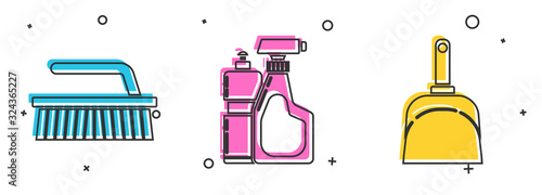 Set Brush for cleaning , Plastic bottles for liquid dishwashing liquid and Dustpan icon. Vector