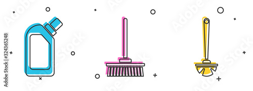 Set Plastic bottles for liquid dishwashing liquid, Mop and Toilet brush icon. Vector