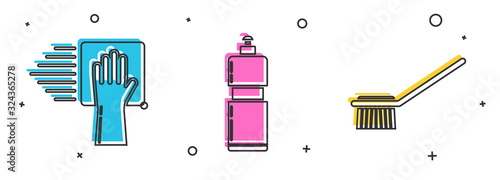 Set Cleaning service , Plastic bottles for liquid dishwashing liquid and Toilet brush icon. Vector