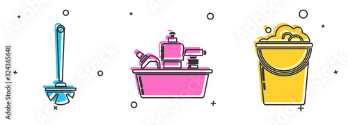 Set Toilet brush , Plastic bottles for liquid dishwashing liquid and Bucket with foam and bubbles icon. Vector