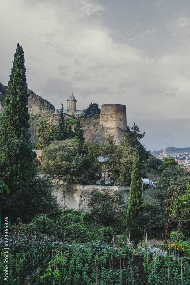 view of the Narikala fortress from the botanical garden in the city of Tbilisi Georgia in early autumn