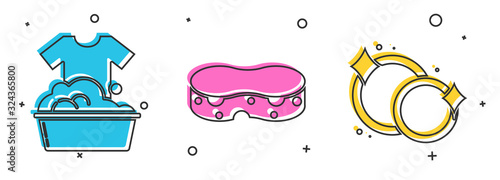 Set Plastic basin with soap suds , Sponge and Washing dishes icon. Vector