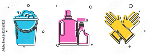 Set Bucket with foam and bubbles , Plastic bottles for liquid dishwashing liquid and Rubber gloves icon. Vector