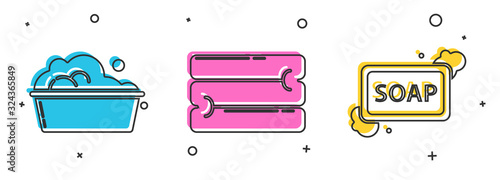 Set Plastic basin with soap suds , Towel stack and Bar of soap with foam icon. Vector