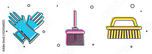Set Rubber gloves , Handle broom and Brush for cleaning icon. Vector