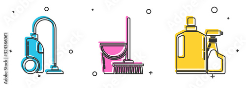Set Vacuum cleaner , Mop and bucket and Plastic bottles for liquid dishwashing liquid icon. Vector