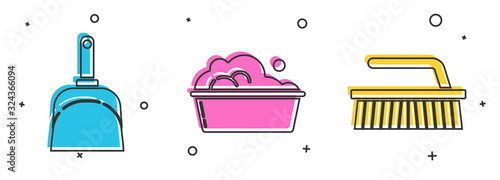 Set Dustpan , Plastic basin with soap suds and Brush for cleaning icon. Vector
