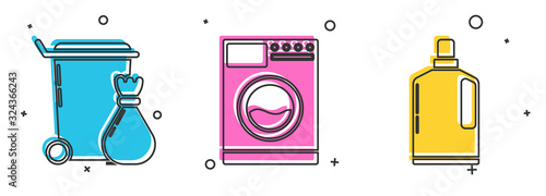 Set Trash can , Washer and Plastic bottles for liquid dishwashing liquid icon. Vector