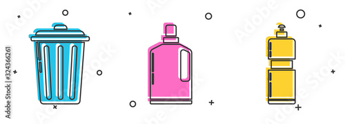 Set Trash can , Plastic bottles for liquid dishwashing liquid and Plastic bottles for liquid dishwashing liquid icon. Vector