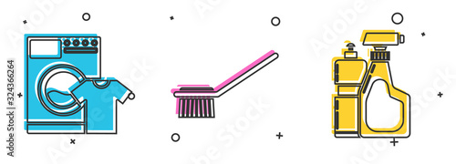 Set Washer and t-shirt , Toilet brush and Plastic bottles for liquid dishwashing liquid icon. Vector