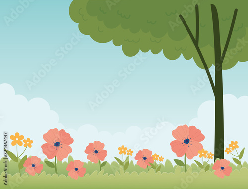 happy spring field flowers tree botanical floral background