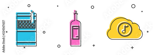 Set Open cigarettes pack box , Bottle of wine and Music streaming service icon. Vector