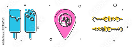 Set Ice cream , Alcohol or beer bar location and Grilled shish kebab icon. Vector
