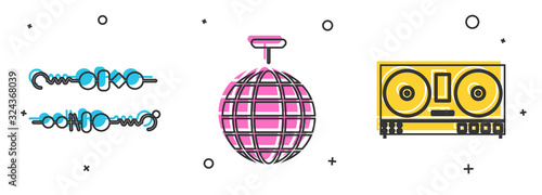 Set Grilled shish kebab, Disco ball and DJ remote for playing and mixing music icon. Vector