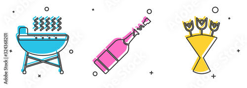 Set Barbecue grill , Champagne bottle and Bouquet of flowers icon. Vector