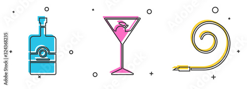 Set Whiskey bottle , Martini glass and Birthday party horn icon. Vector