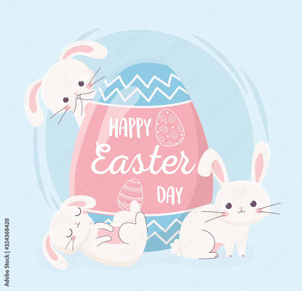 happy easter day bunnies with big decorative egg card