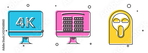 Set Computer PC monitor with 4k video technology , Buy cinema ticket online and Funny and scary ghost mask icon. Vector
