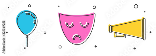 Set Balloon with ribbon , Drama theatrical mask and Megaphone icon. Vector