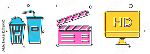 Set Popcorn and soda drink glass, Movie clapper and Computer PC monitor with HD video technology icon. Vector