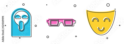 Set Funny and scary ghost mask, 3D cinema glasses and Comedy theatrical mask icon. Vector