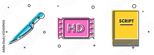 Set Knife , 4k movie, tape, frame and Scenario icon. Vector