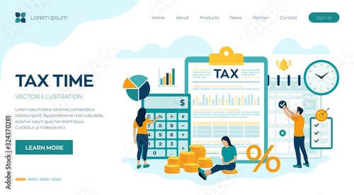 Concept tax payment. Data analysis, paperwork, financial research report and calculation of tax return. Payment of debt. Government, state taxes. Vector illustration in flat style with characters.