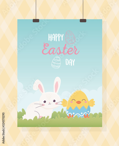 happy easter hanging card cute rabbit and chicken in eggshell grass