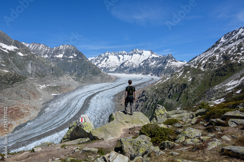 Looking down on the Aletsch glacier near Bettmeralp in the Swiss alps on a sunny day