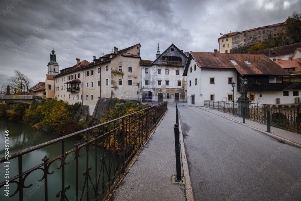 Old Skofja Loka town on a cloudy day