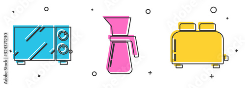Set Microwave oven , Measuring cup and Toaster with toasts icon. Vector