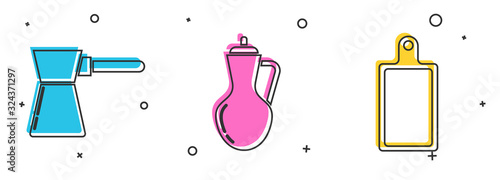 Set Coffee turk , Bottle of olive oil and Cutting board icon. Vector
