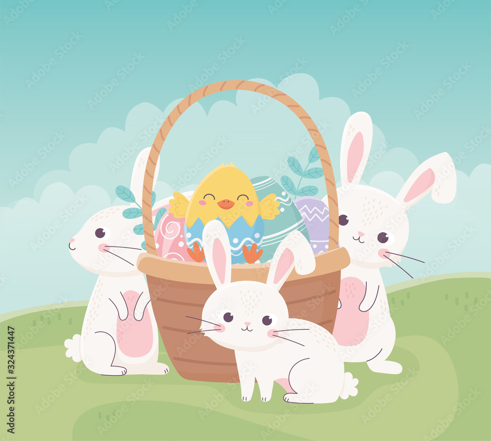 happy easter rabbits chicken in basket with eggs in grass happy easter rabbits chicken in basket with eggs in grass