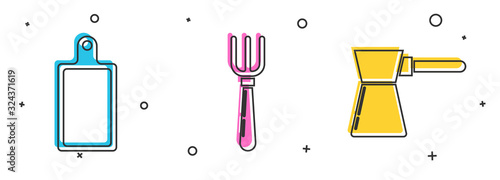 Set Cutting board , Fork and Coffee turk icon. Vector